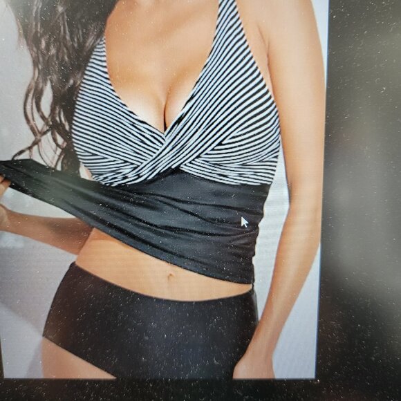 Yonique Twist Front V Neck Tummy Control Swim Top Size XL Black & White Striped - Picture 2 of 13
